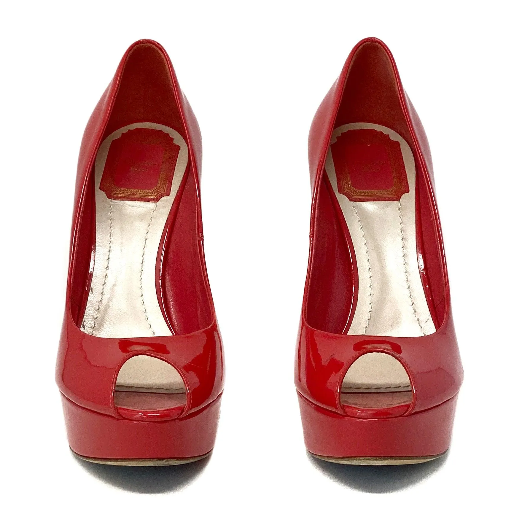 Dior Coral Patent Miss Dior Peep Toe Pumps 37.5