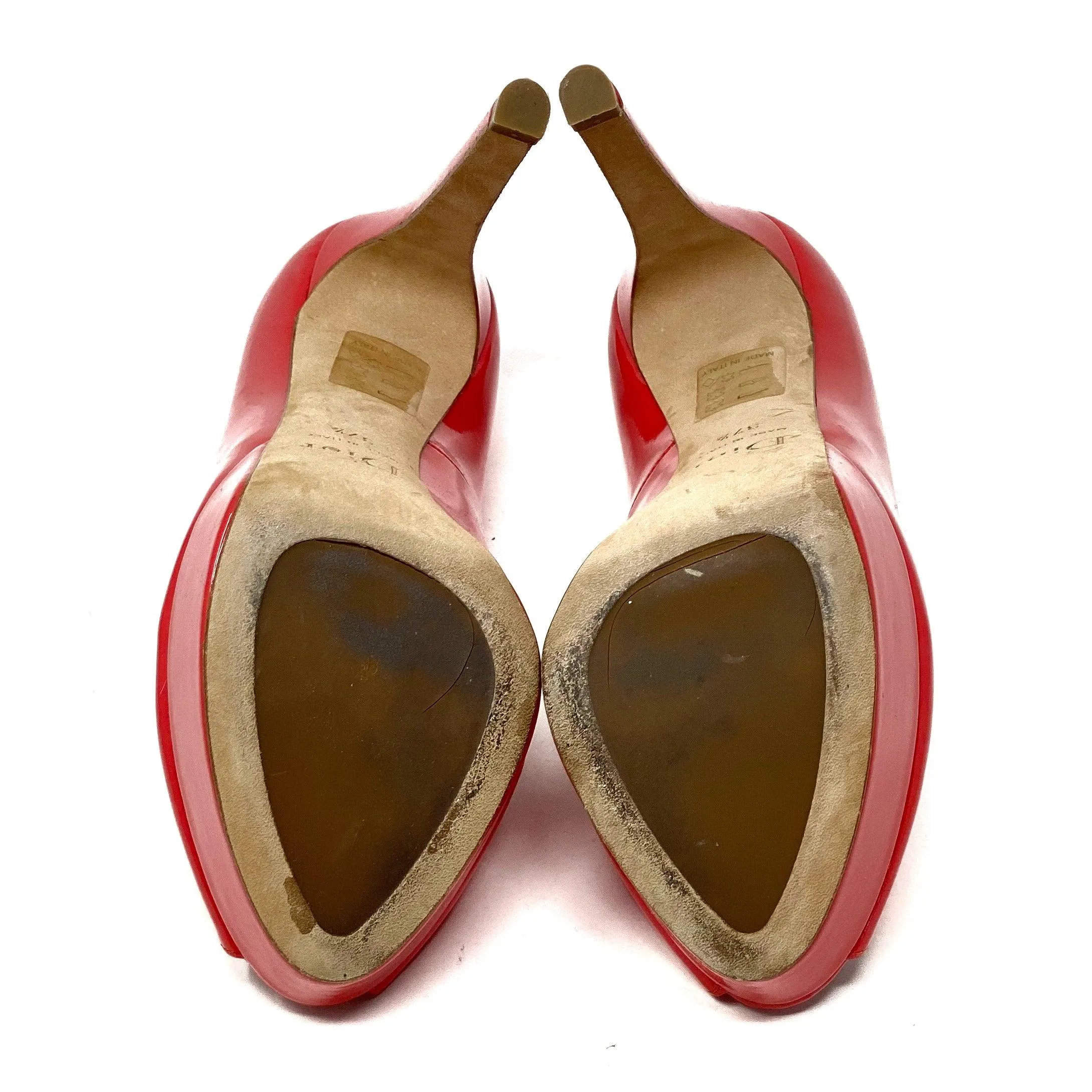 Dior Coral Patent Miss Dior Peep Toe Pumps 37.5