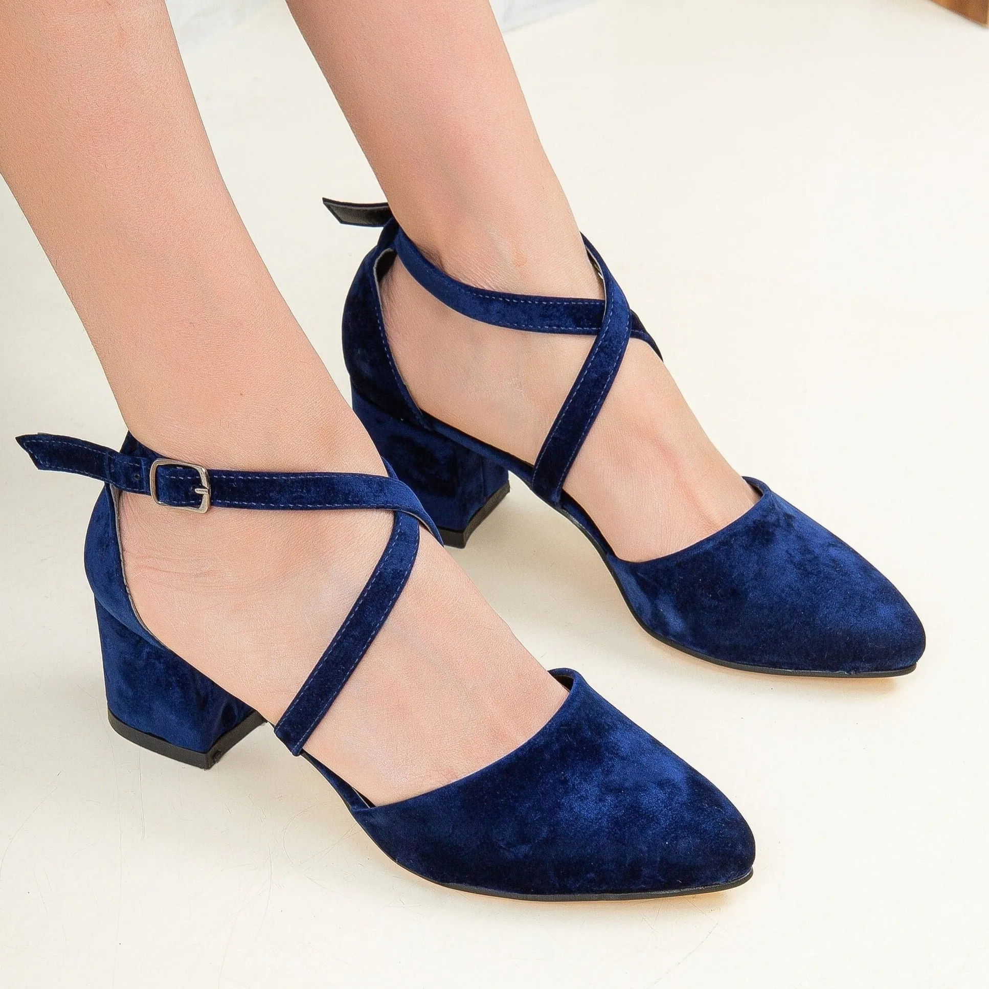 Dolly - Blue Velvet Block Heels