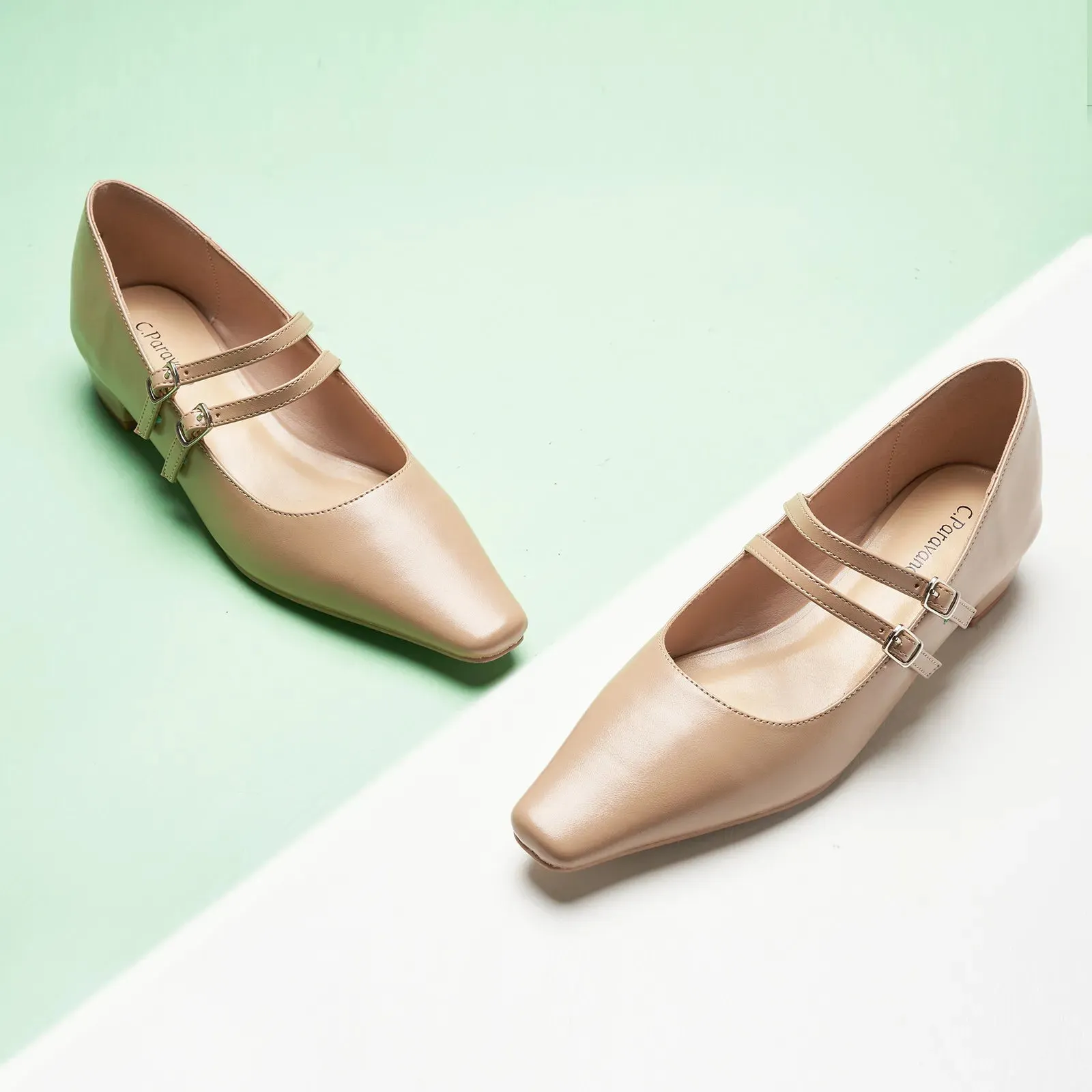 Double-Strap Block Heel (Alva) Beige