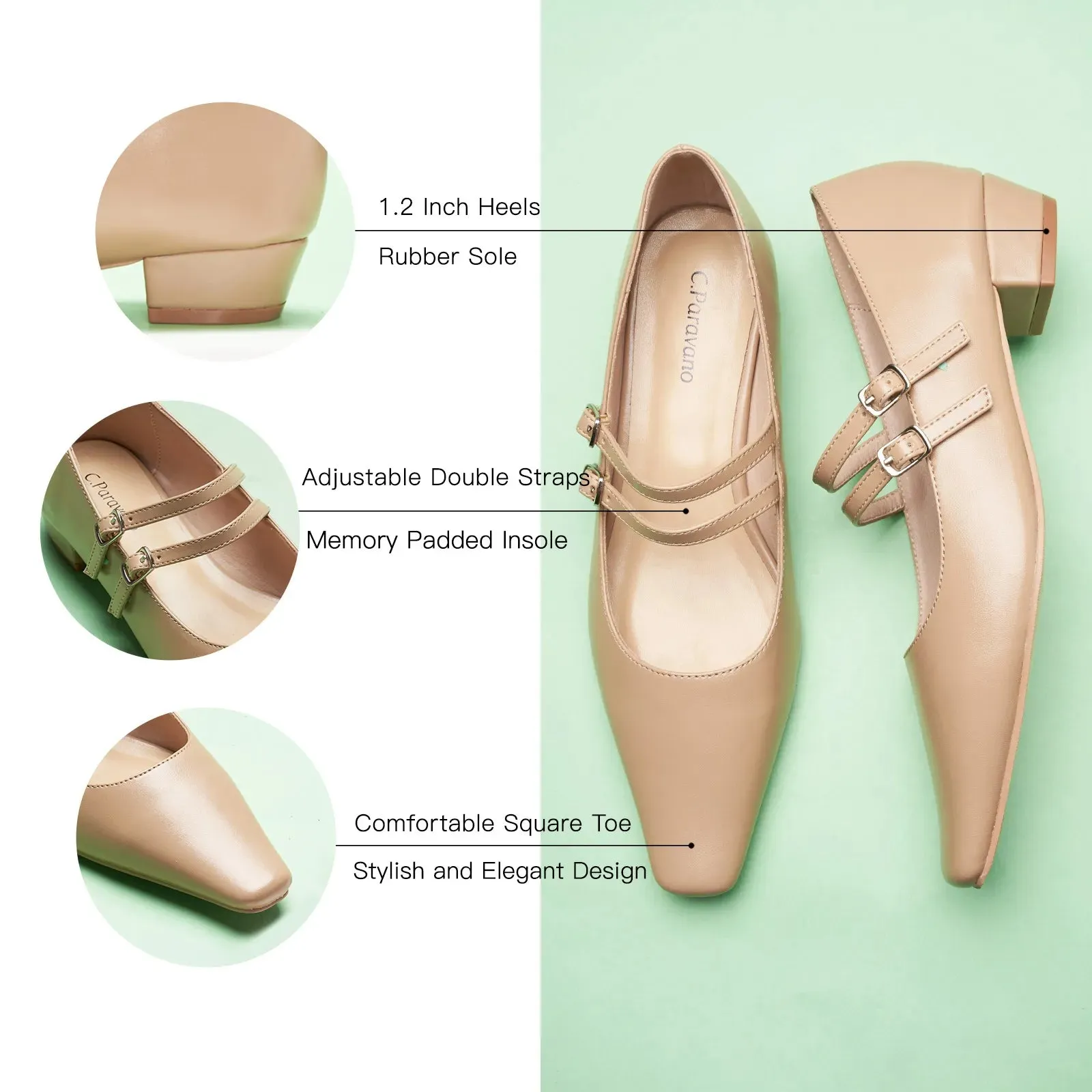Double-Strap Block Heel (Alva) Beige