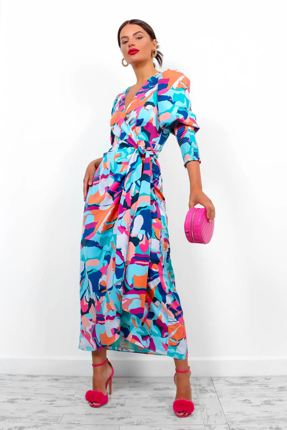 Drive Em Wild - Blue Multi Abstract Midi Wrap Dress