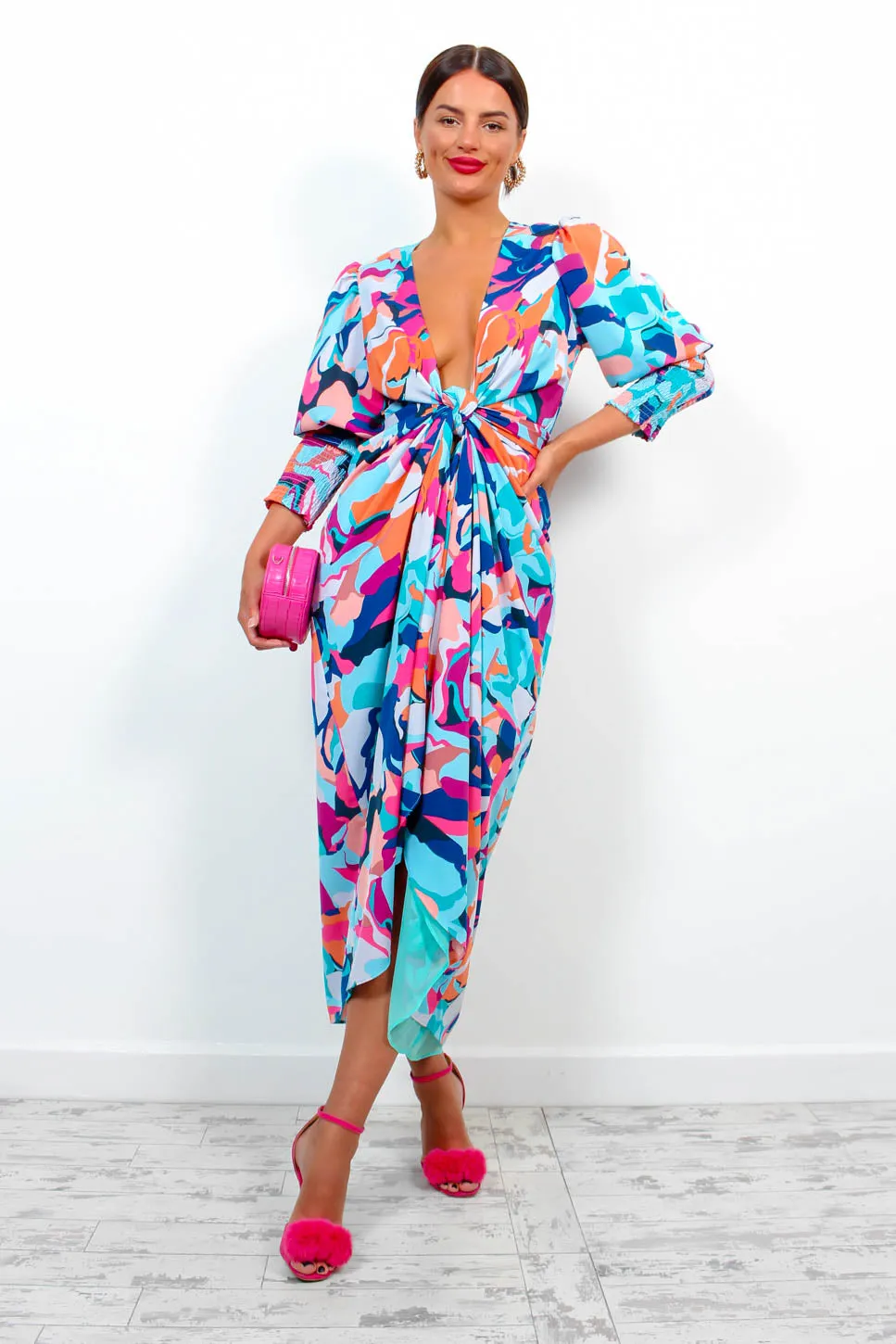 Drive Em Wild - Blue Multi Abstract Midi Wrap Dress