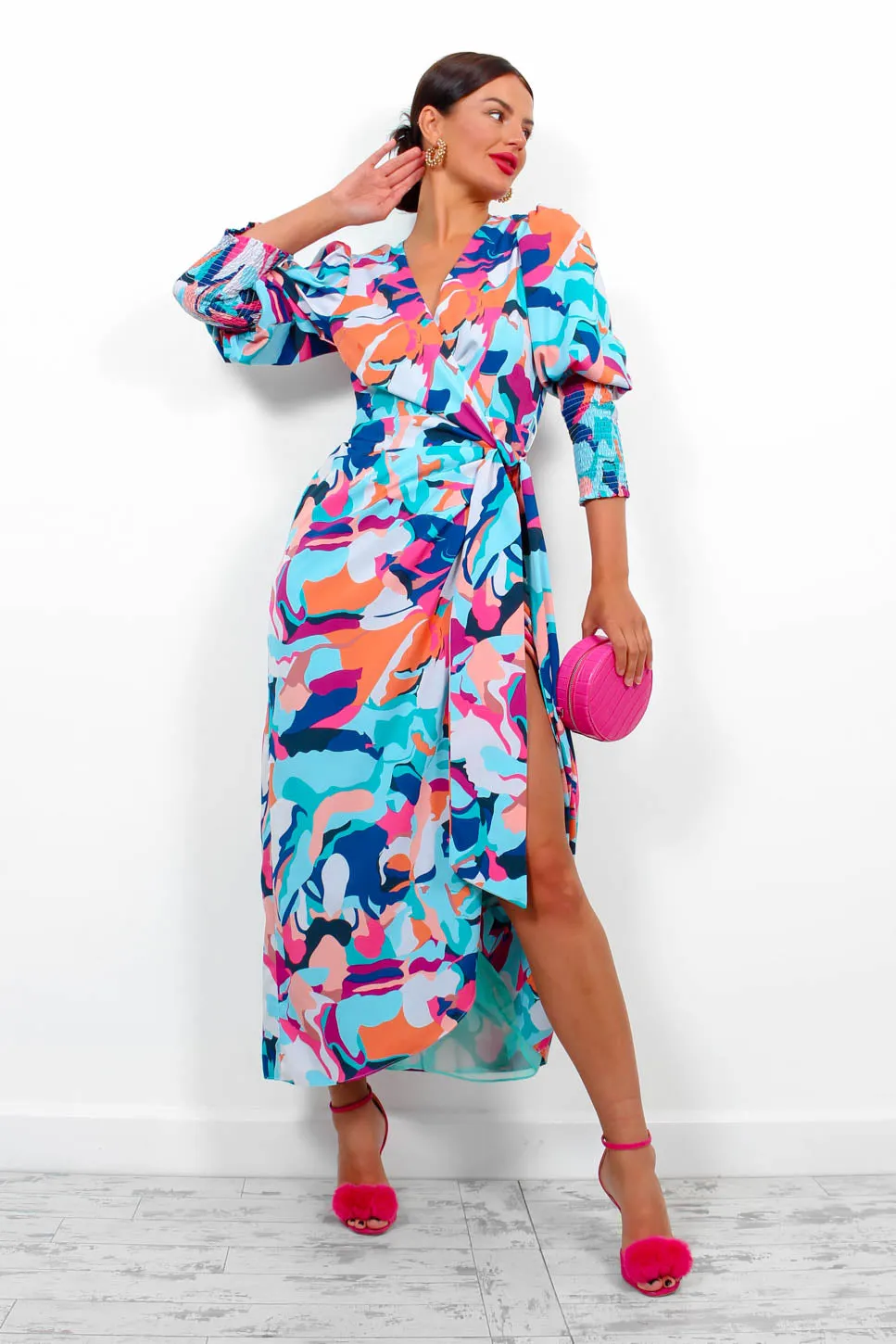 Drive Em Wild - Blue Multi Abstract Midi Wrap Dress