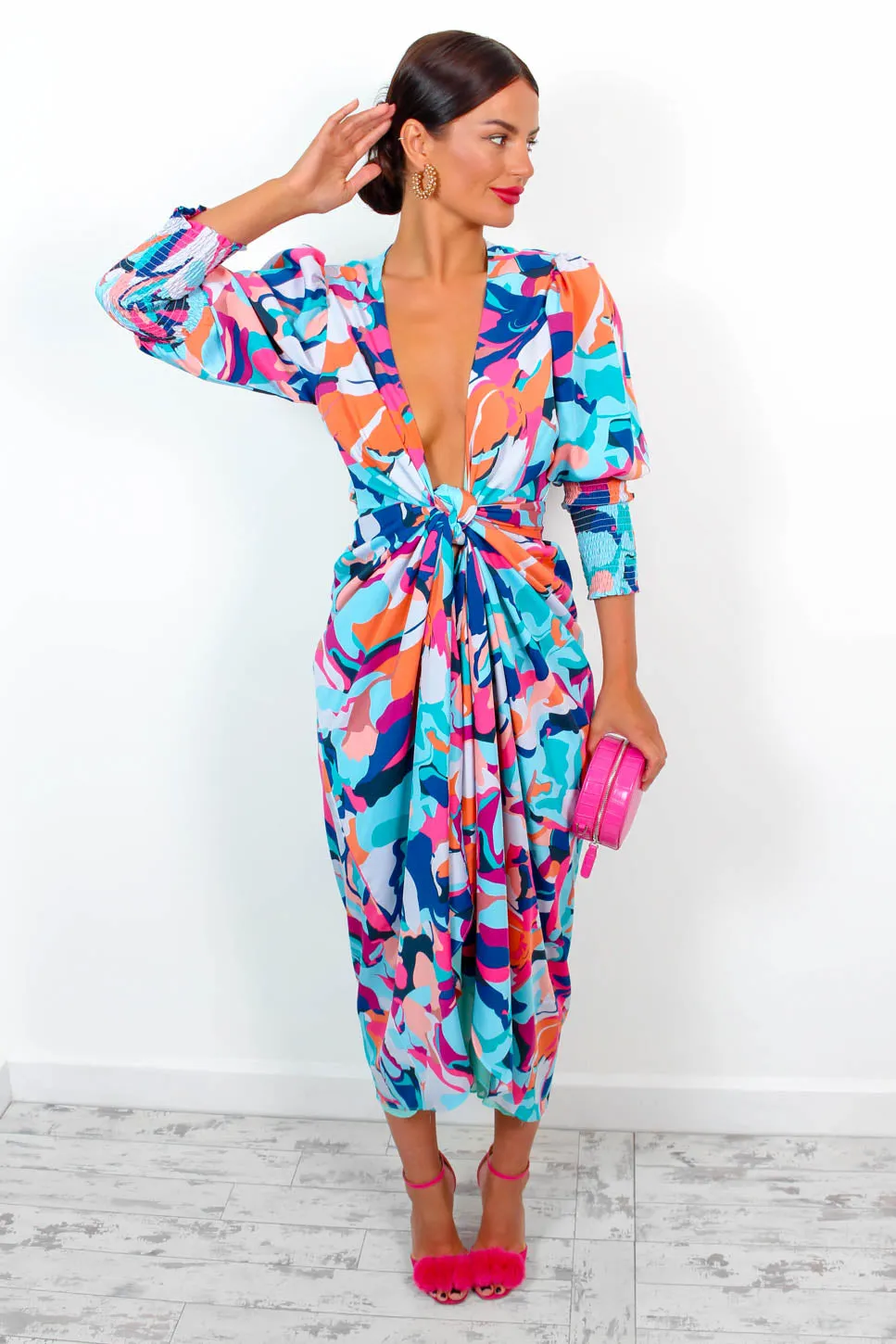 Drive Em Wild - Blue Multi Abstract Midi Wrap Dress