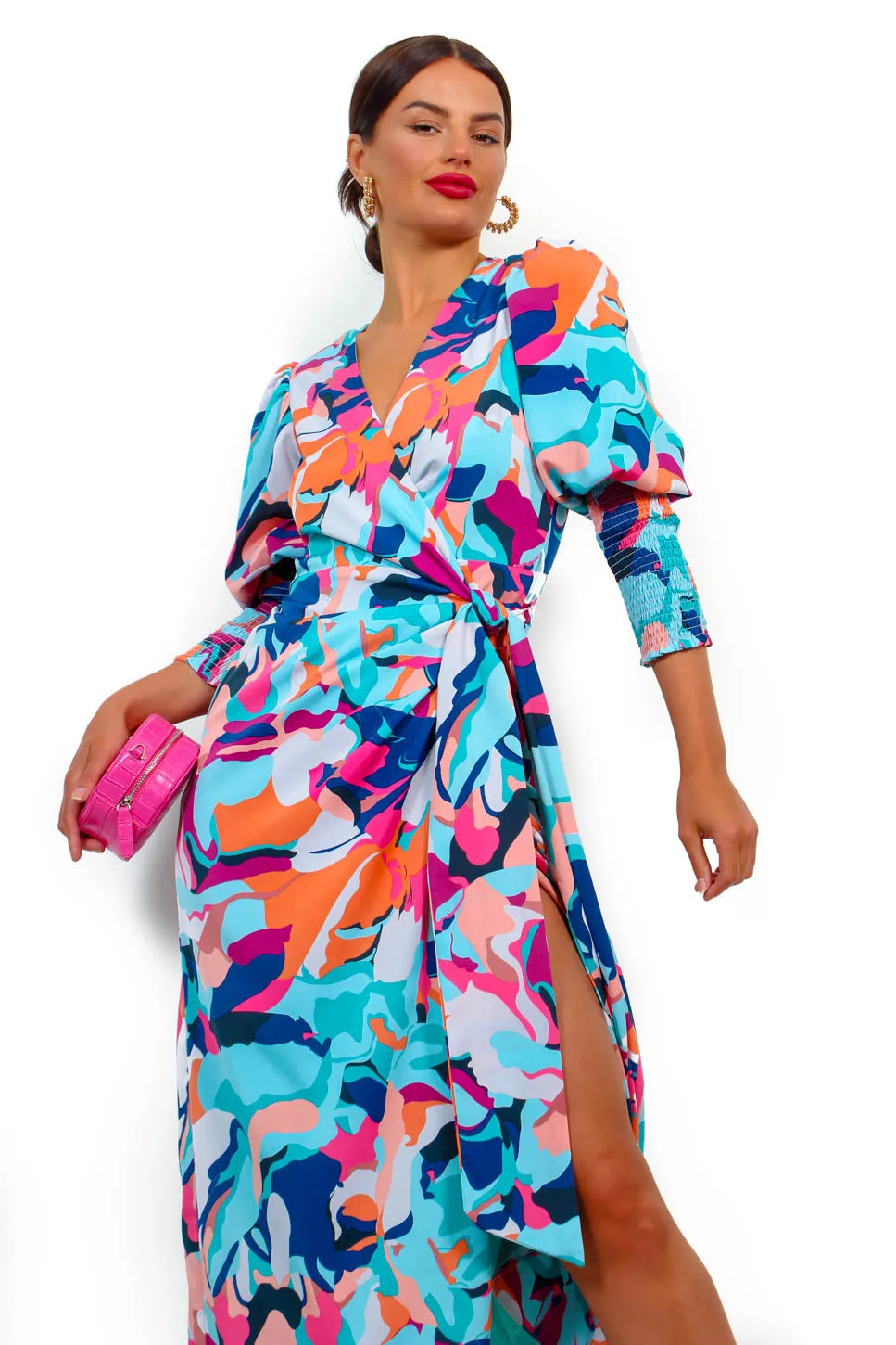 Drive Em Wild - Blue Multi Abstract Midi Wrap Dress