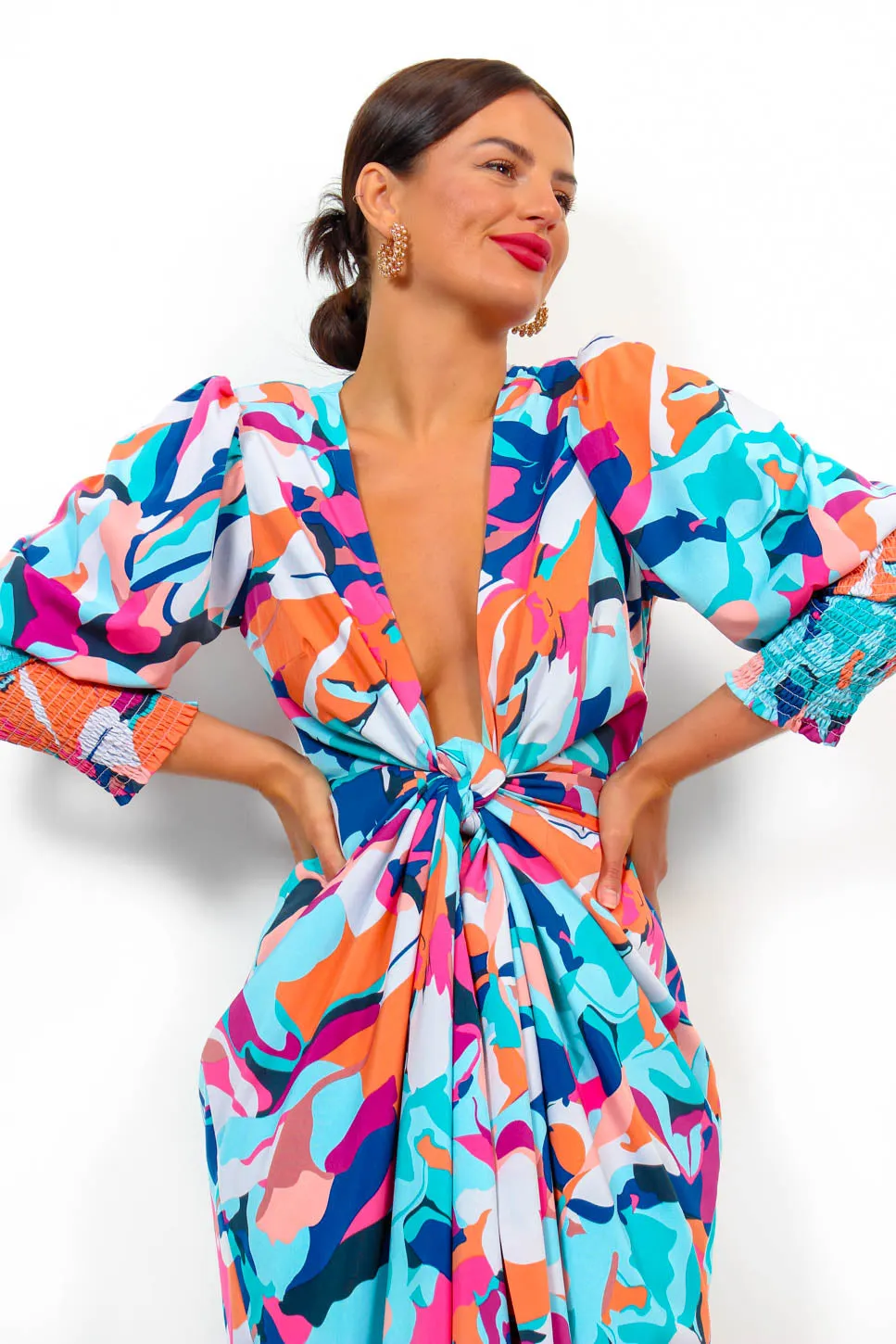 Drive Em Wild - Blue Multi Abstract Midi Wrap Dress