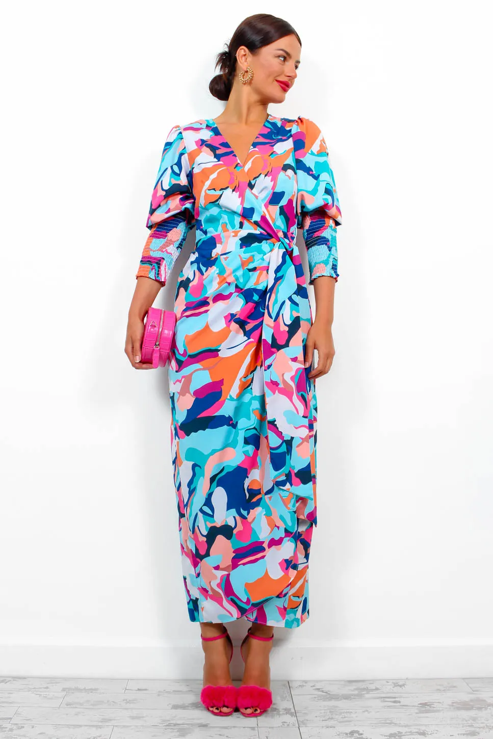 Drive Em Wild - Blue Multi Abstract Midi Wrap Dress