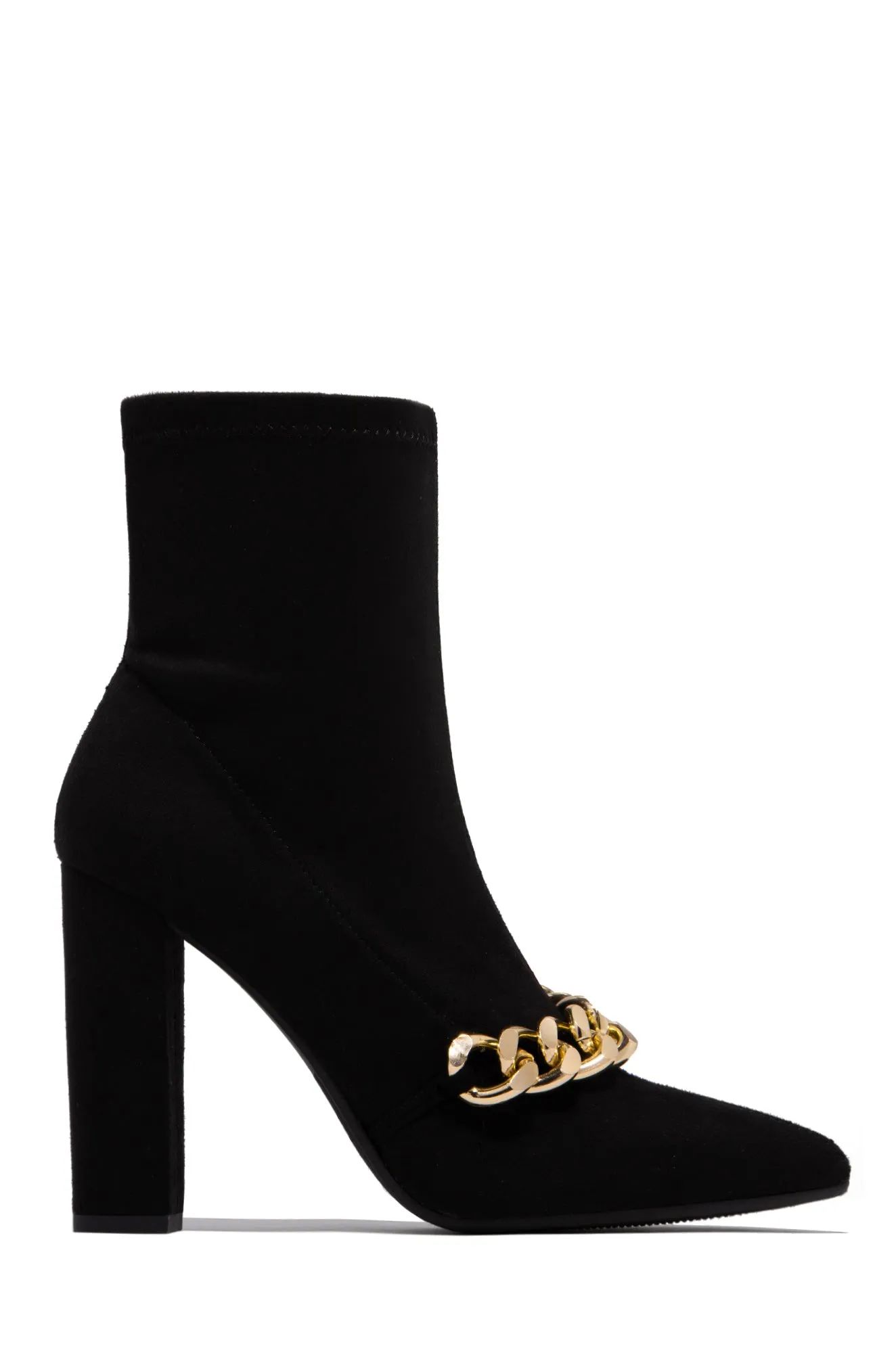 Elevate Me Gold Chain Block Heel Ankle Boots - Black