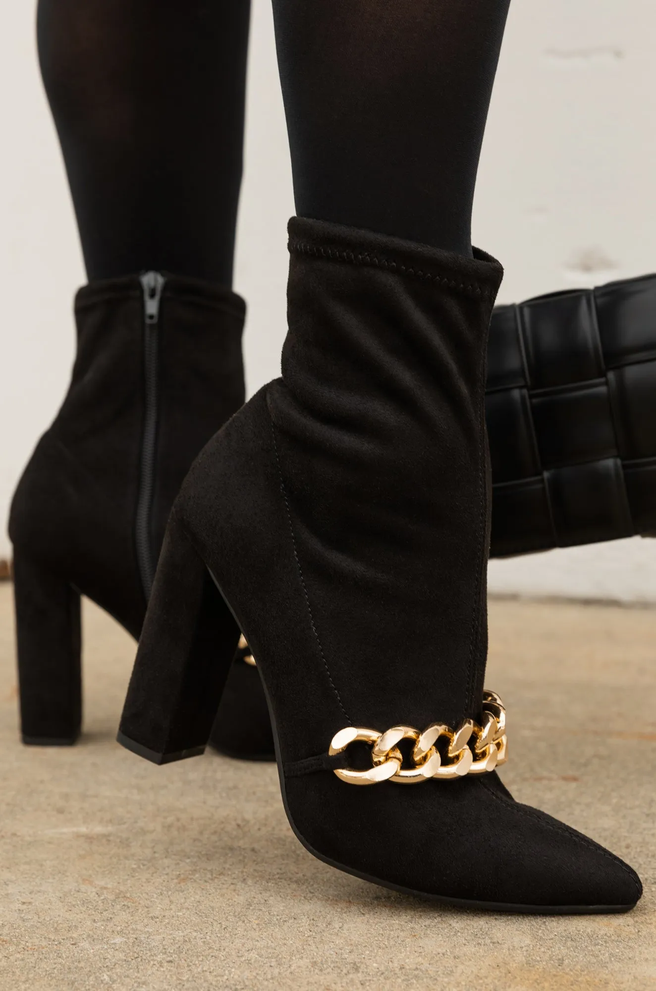 Elevate Me Gold Chain Block Heel Ankle Boots - Black
