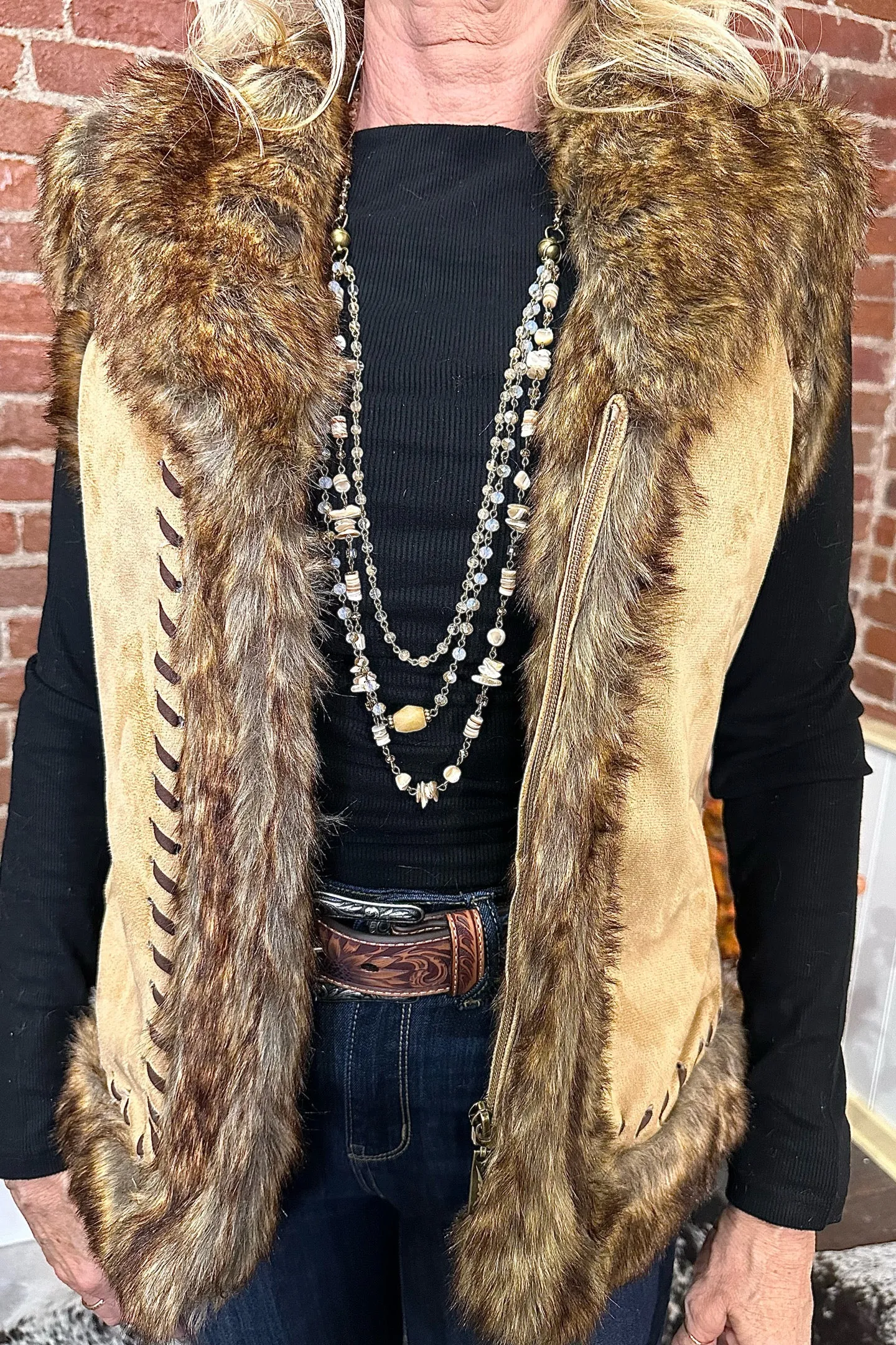 Faux Suede Tan Vest with Fur Edging