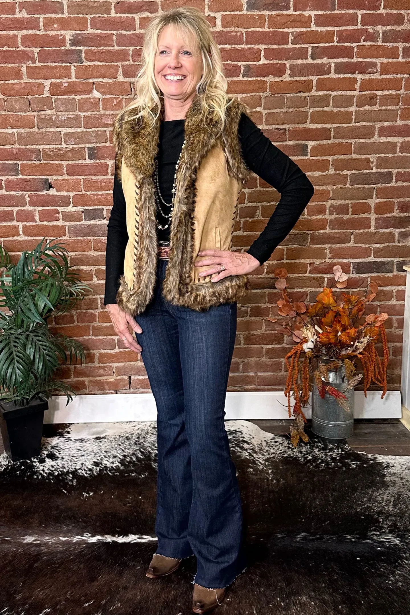 Faux Suede Tan Vest with Fur Edging