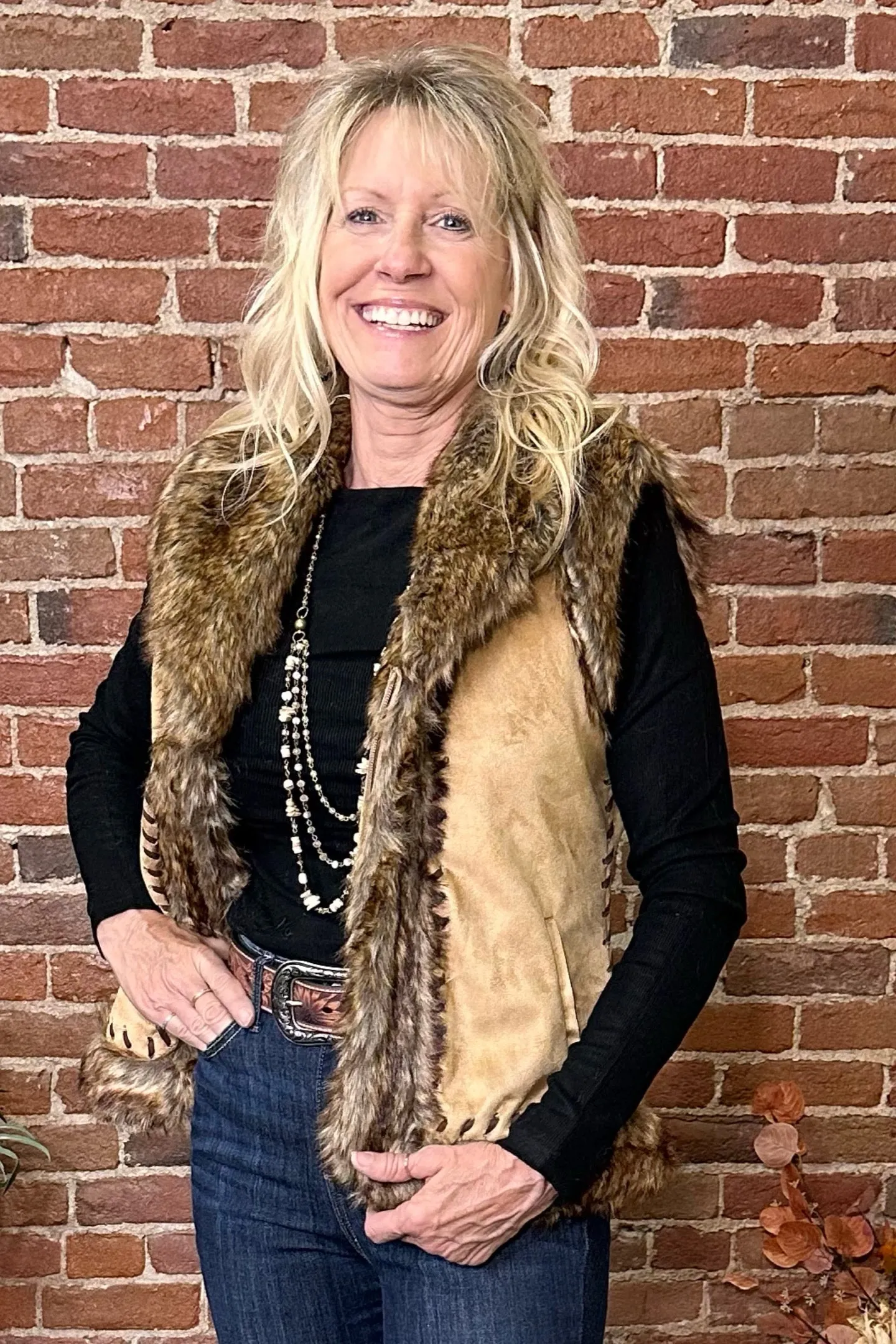 Faux Suede Tan Vest with Fur Edging