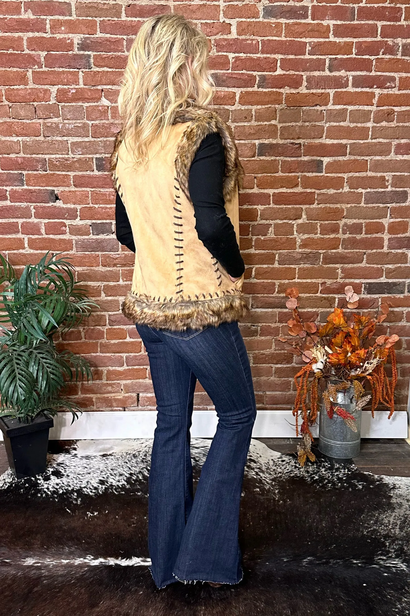 Faux Suede Tan Vest with Fur Edging