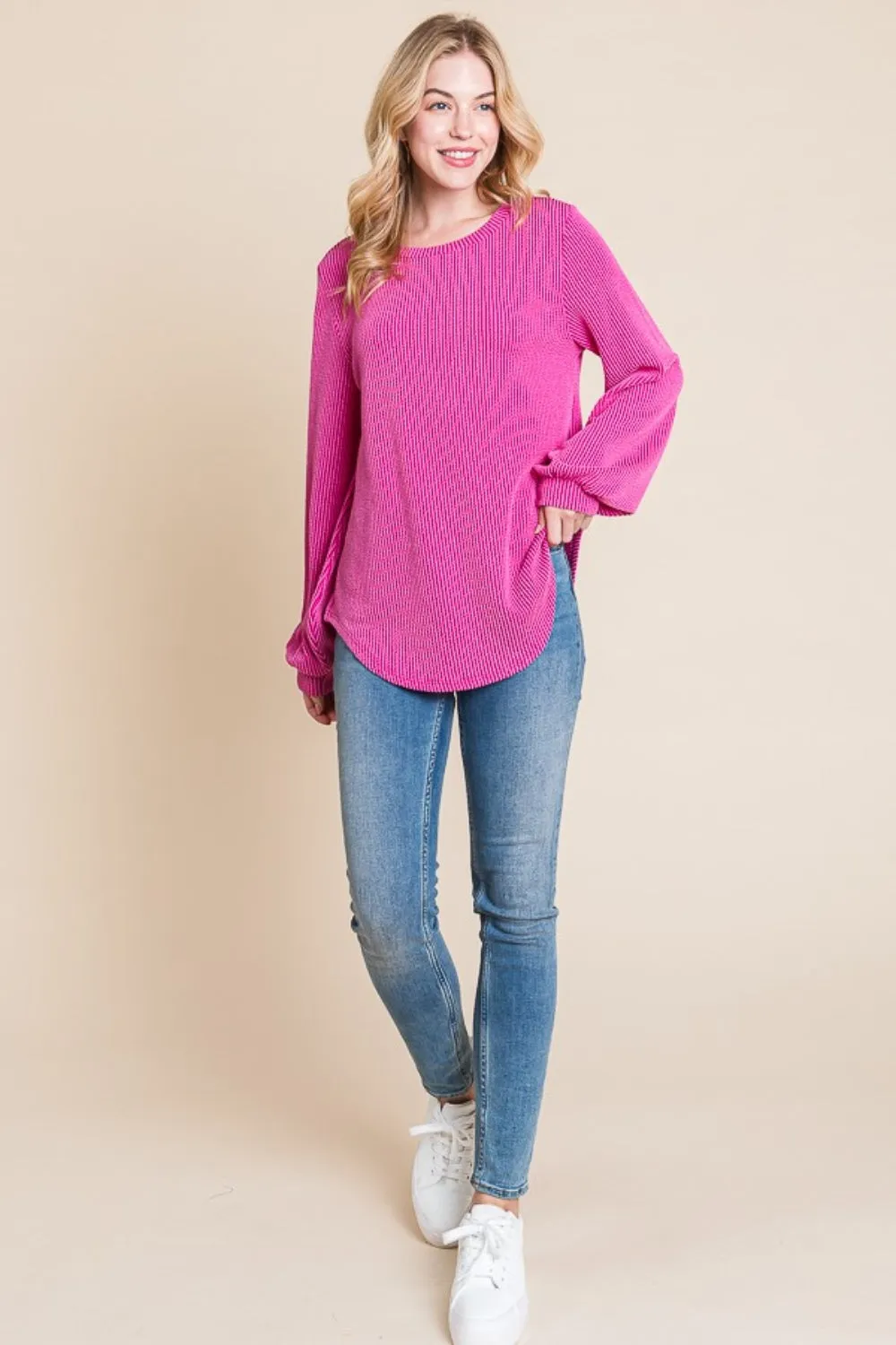 Fuchsia Long Sleeve Curved Hem Ribbed T-Shirt (Online Exclusive)