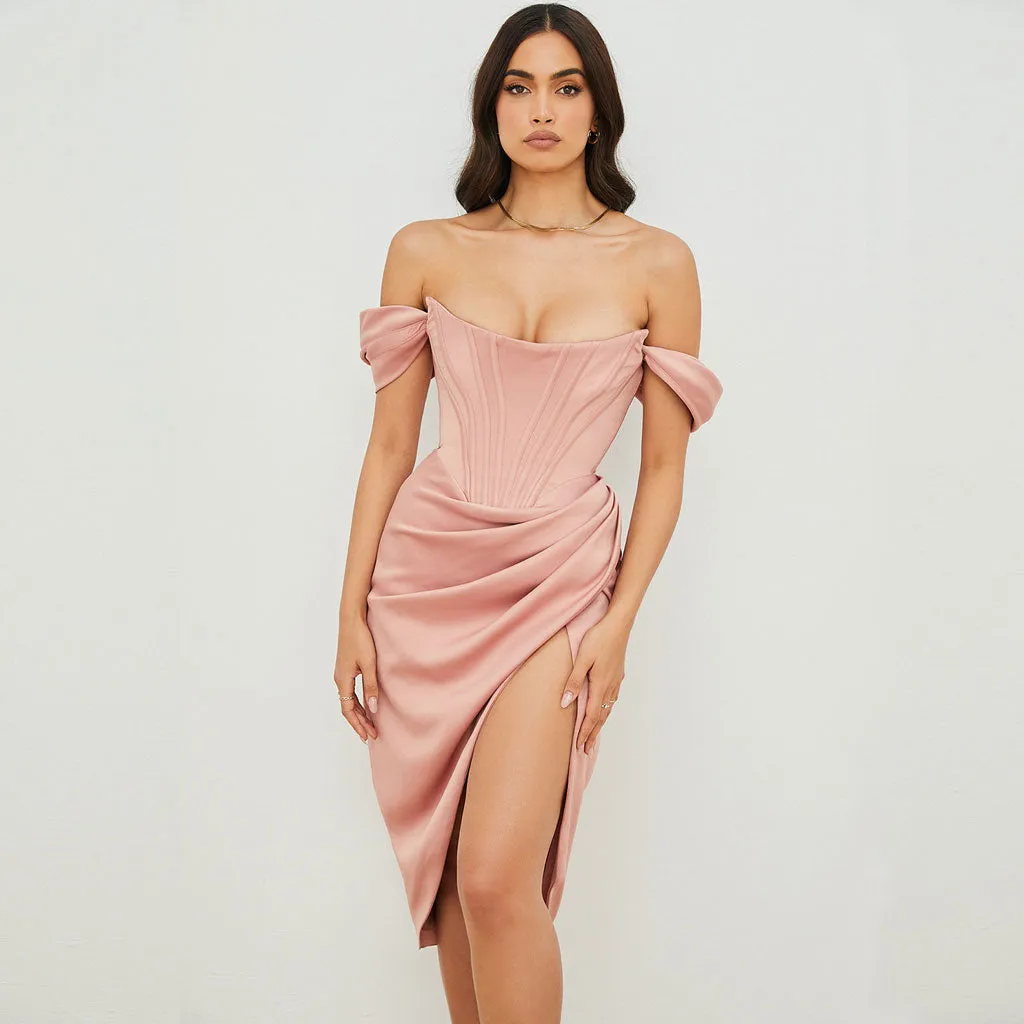 Glossy Satin Off Shoulder Draped Corset Cocktail Midi Dress - Pink