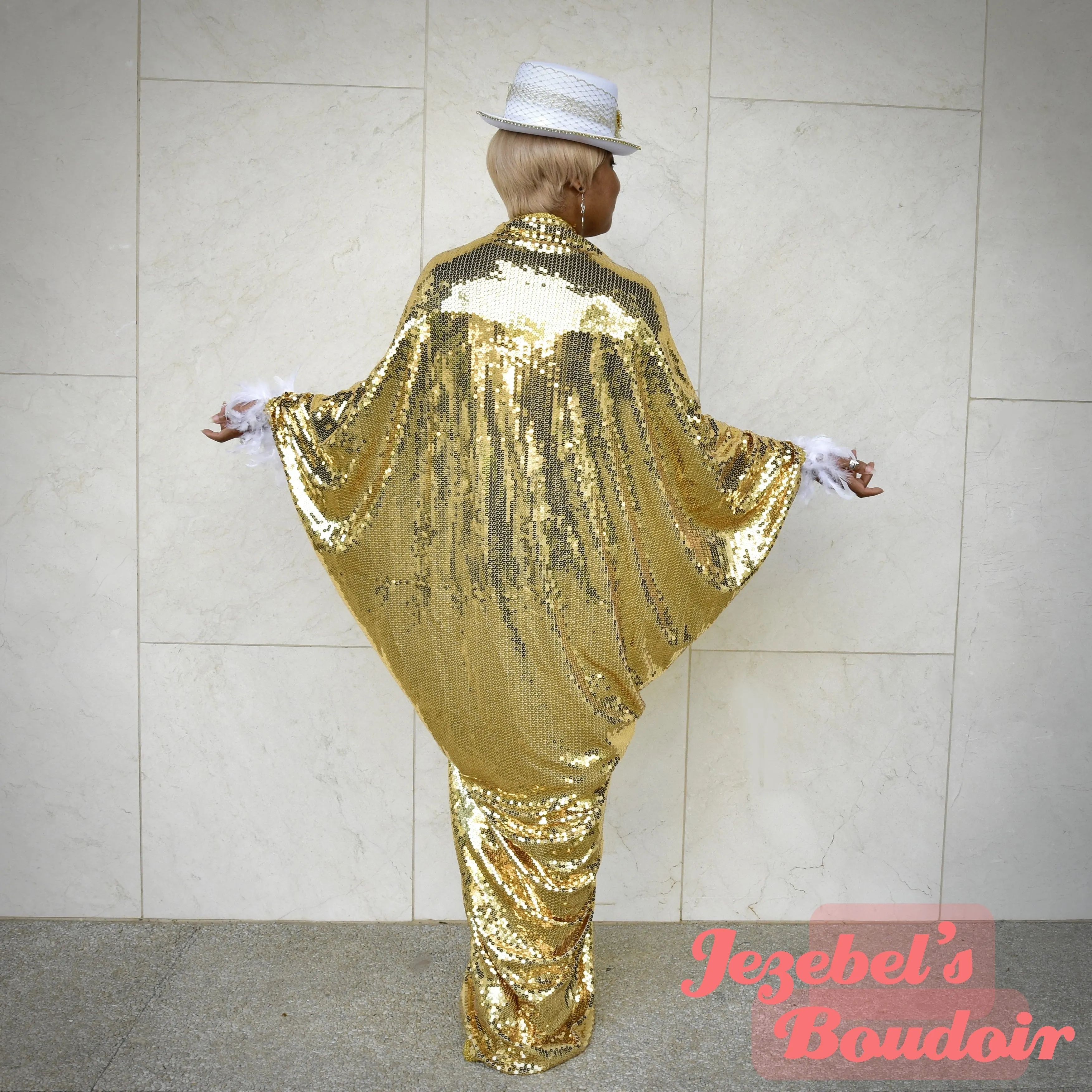 Golden Sequin Bat Wing Gown, Cocoon Dressing Robe, White Feather Fringe Poiret Kimono, Dance Wrap Shawl, Drag Queen Burlesque Duster Costume Mardi Gras Carnival Goddess Majestic Vaudeville Fantasy Jezebel's Boudoir Glamourous