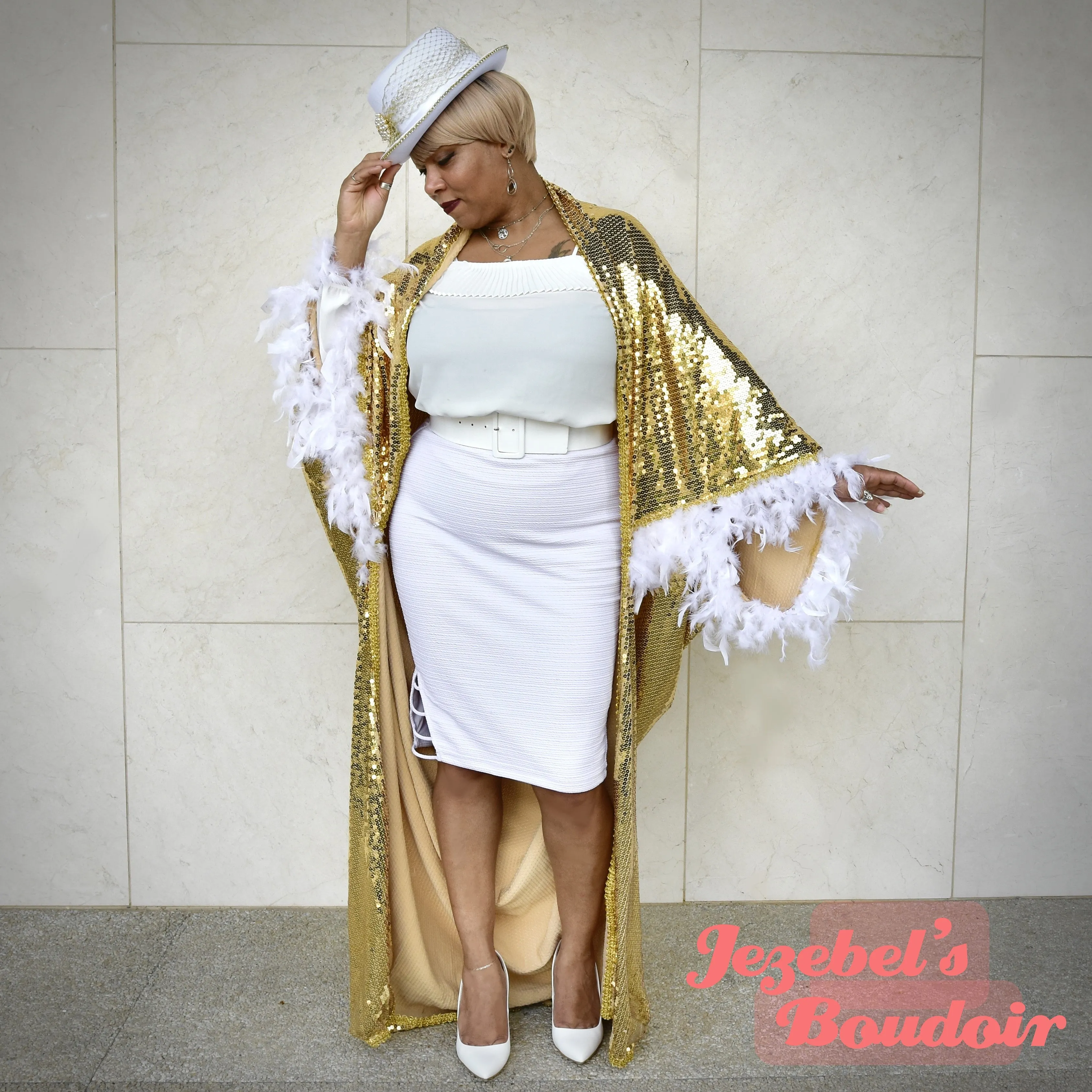 Golden Sequin Bat Wing Gown, Cocoon Dressing Robe, White Feather Fringe Poiret Kimono, Dance Wrap Shawl, Drag Queen Burlesque Duster Costume Mardi Gras Carnival Goddess Majestic Vaudeville Fantasy Jezebel's Boudoir Glamourous
