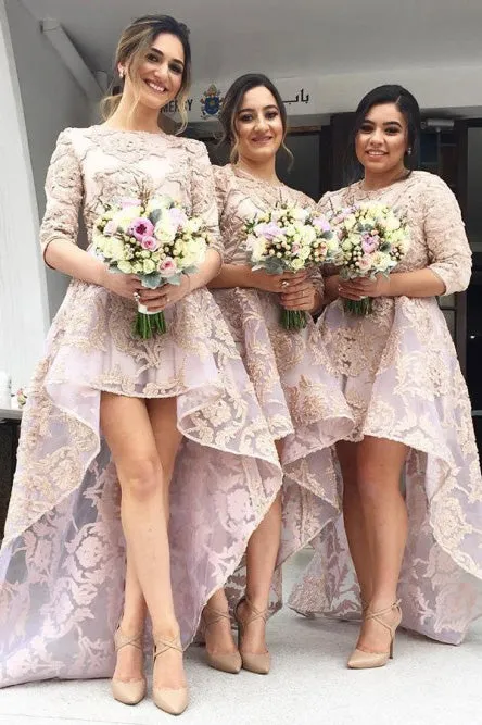 Half Sleeves Crew  Hi-Low Organza Bridesmaid Dress with Appliques OHS072