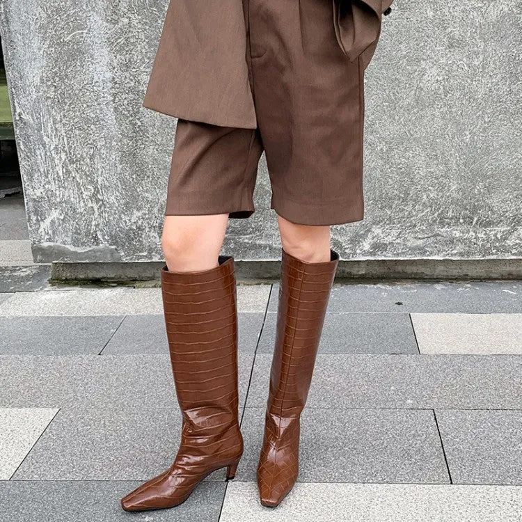 Handmade Knee High Plaid Wide Shaft Boots Block Heels