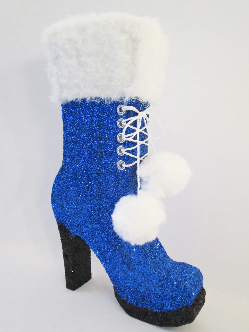 High Heel Boot with Fake Fur Top and Pom Poms