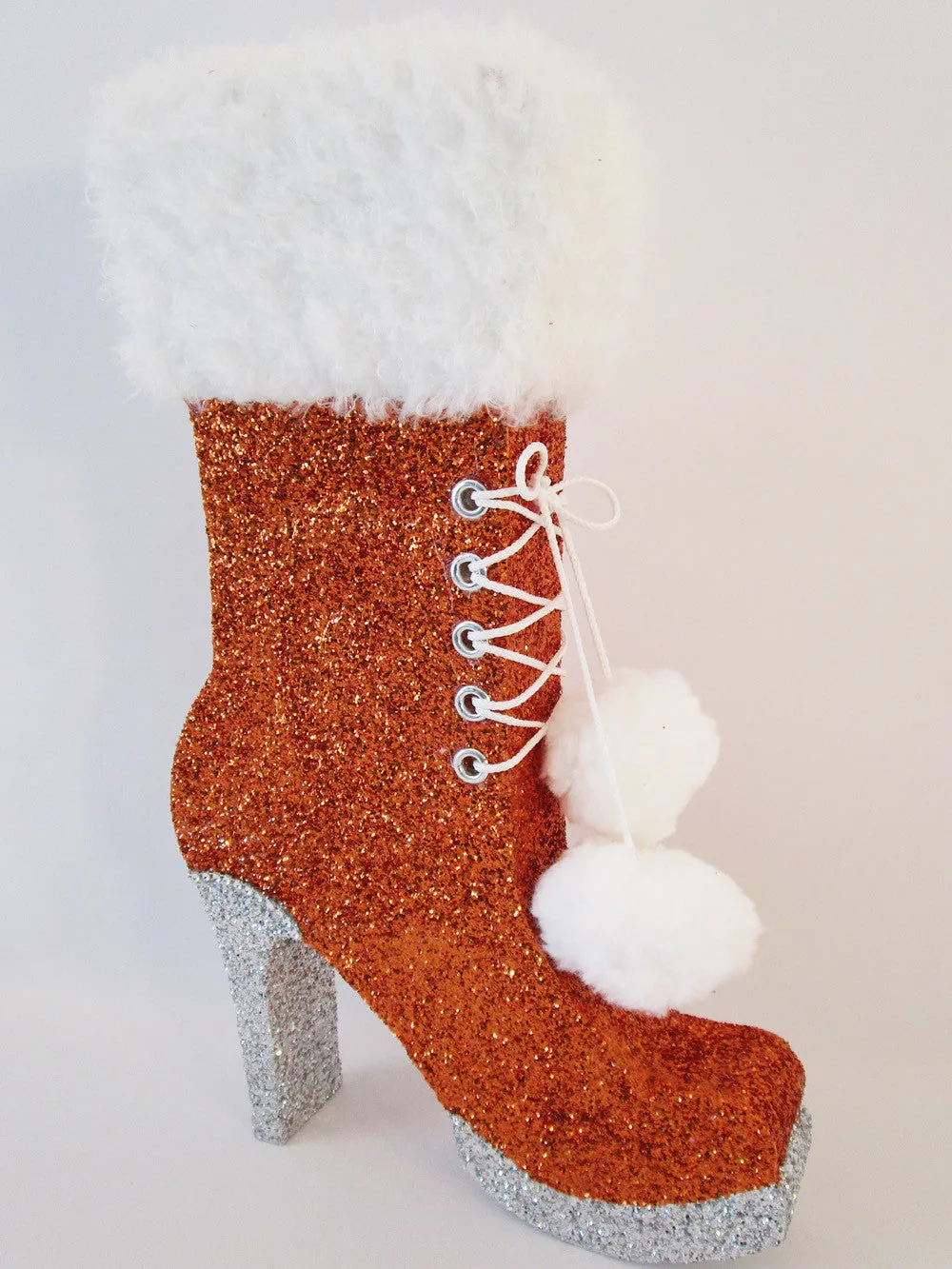 High Heel Boot with Fake Fur Top and Pom Poms
