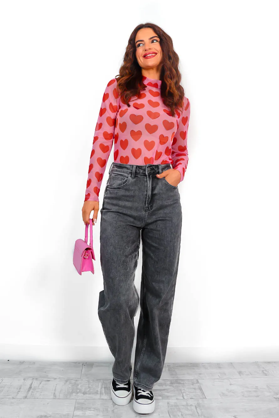 Its Sheer Luck - Pink Red Heart Print Mesh Top