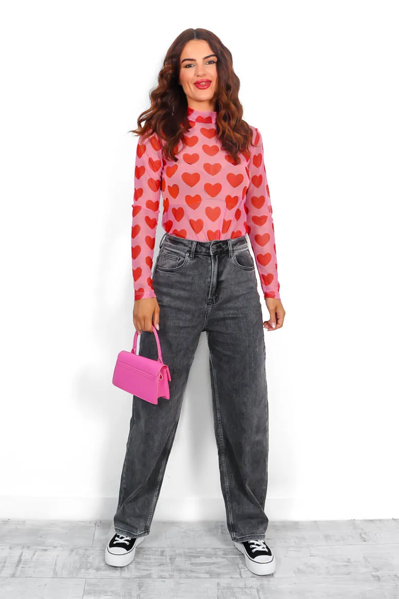 Its Sheer Luck - Pink Red Heart Print Mesh Top
