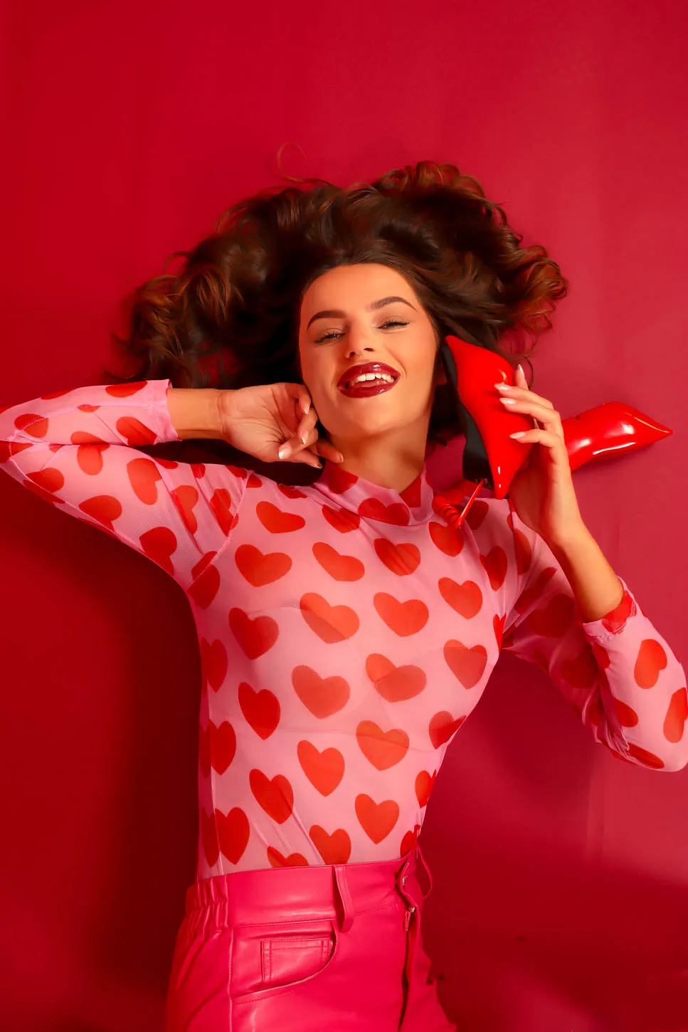 Its Sheer Luck - Pink Red Heart Print Mesh Top