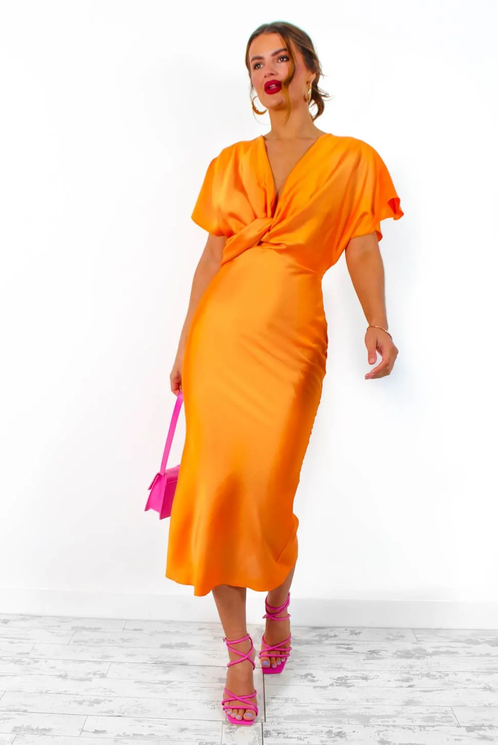 Knot Your Average - Orange Knot Front Satin Maxi Dress