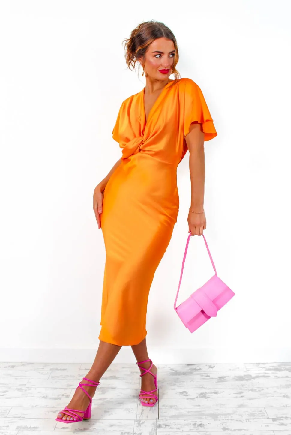 Knot Your Average - Orange Knot Front Satin Maxi Dress