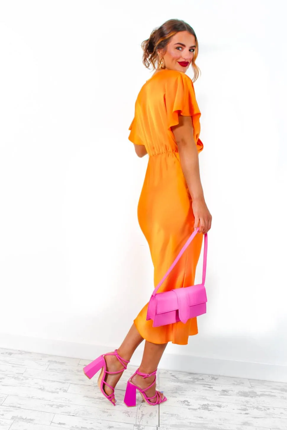 Knot Your Average - Orange Knot Front Satin Maxi Dress