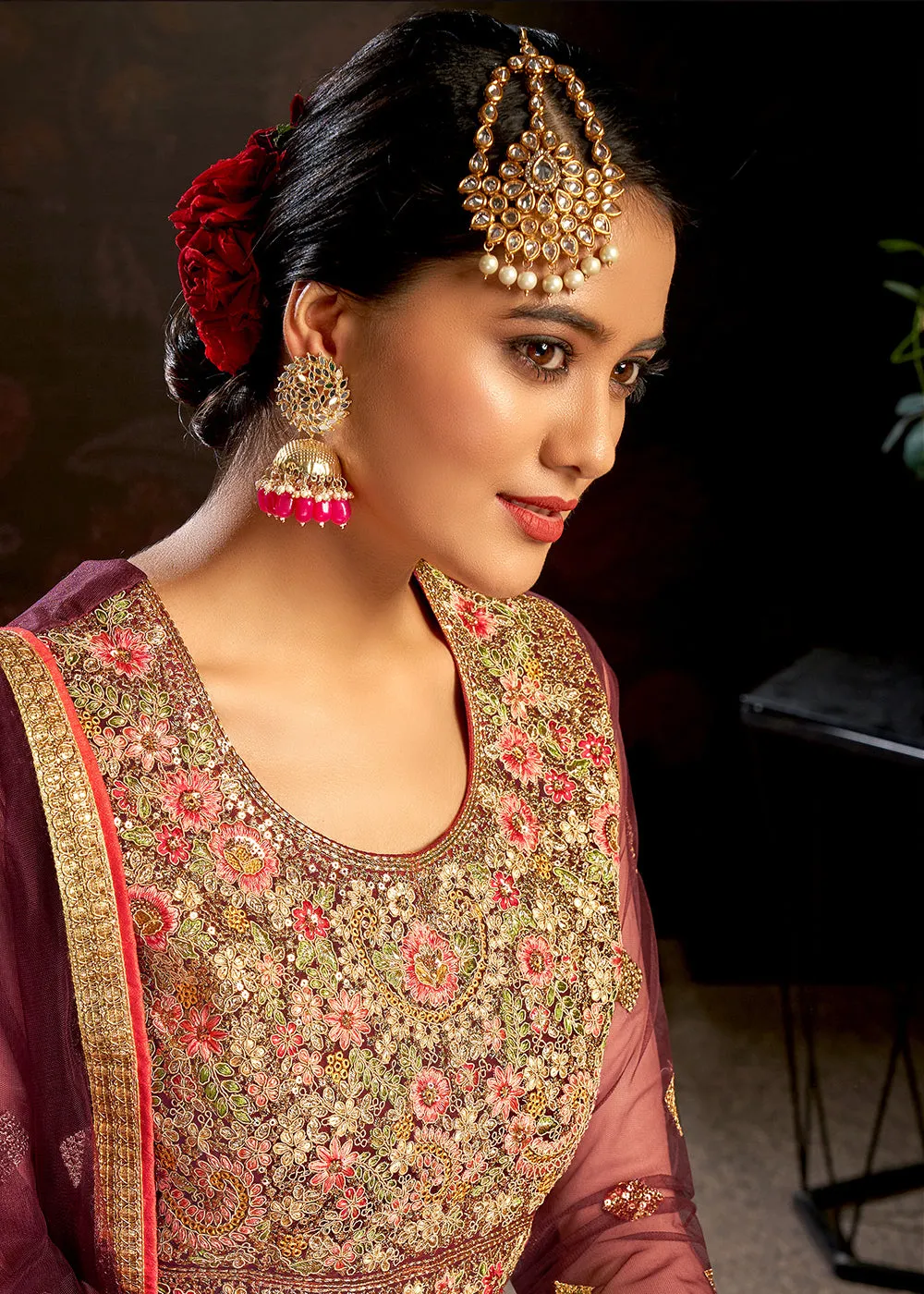 Maroon Sparkly Net Embroidered Designer Anarkali Suit