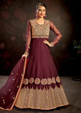Maroon Sparkly Net Embroidered Designer Anarkali Suit