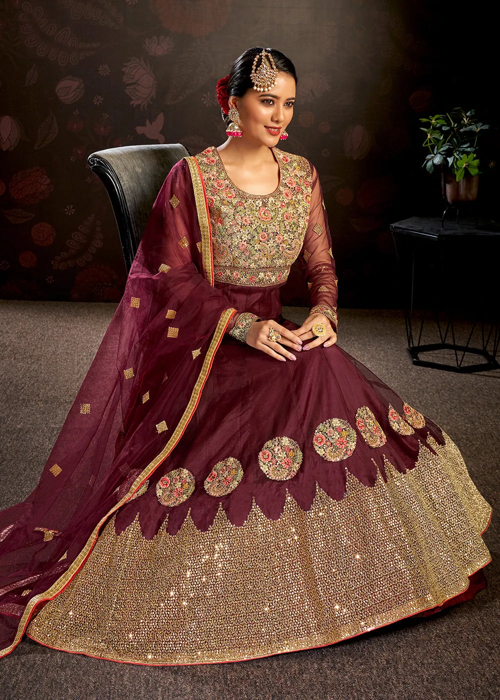 Maroon Sparkly Net Embroidered Designer Anarkali Suit