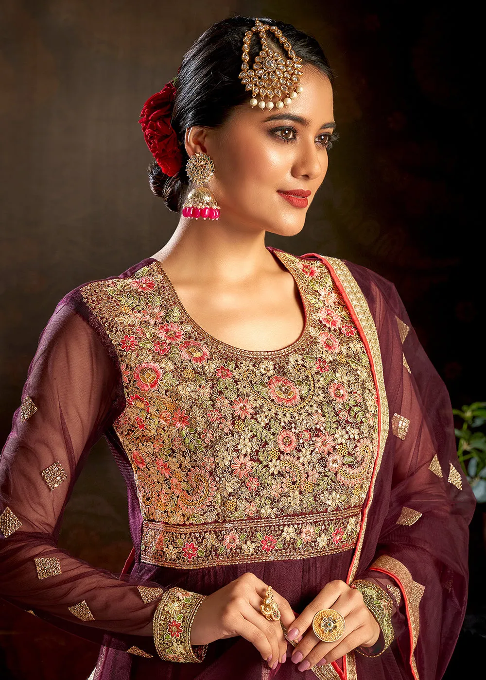 Maroon Sparkly Net Embroidered Designer Anarkali Suit