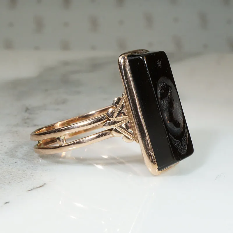 Mercury Onyx Intaglio in Rosy Gold Edwardian Ring