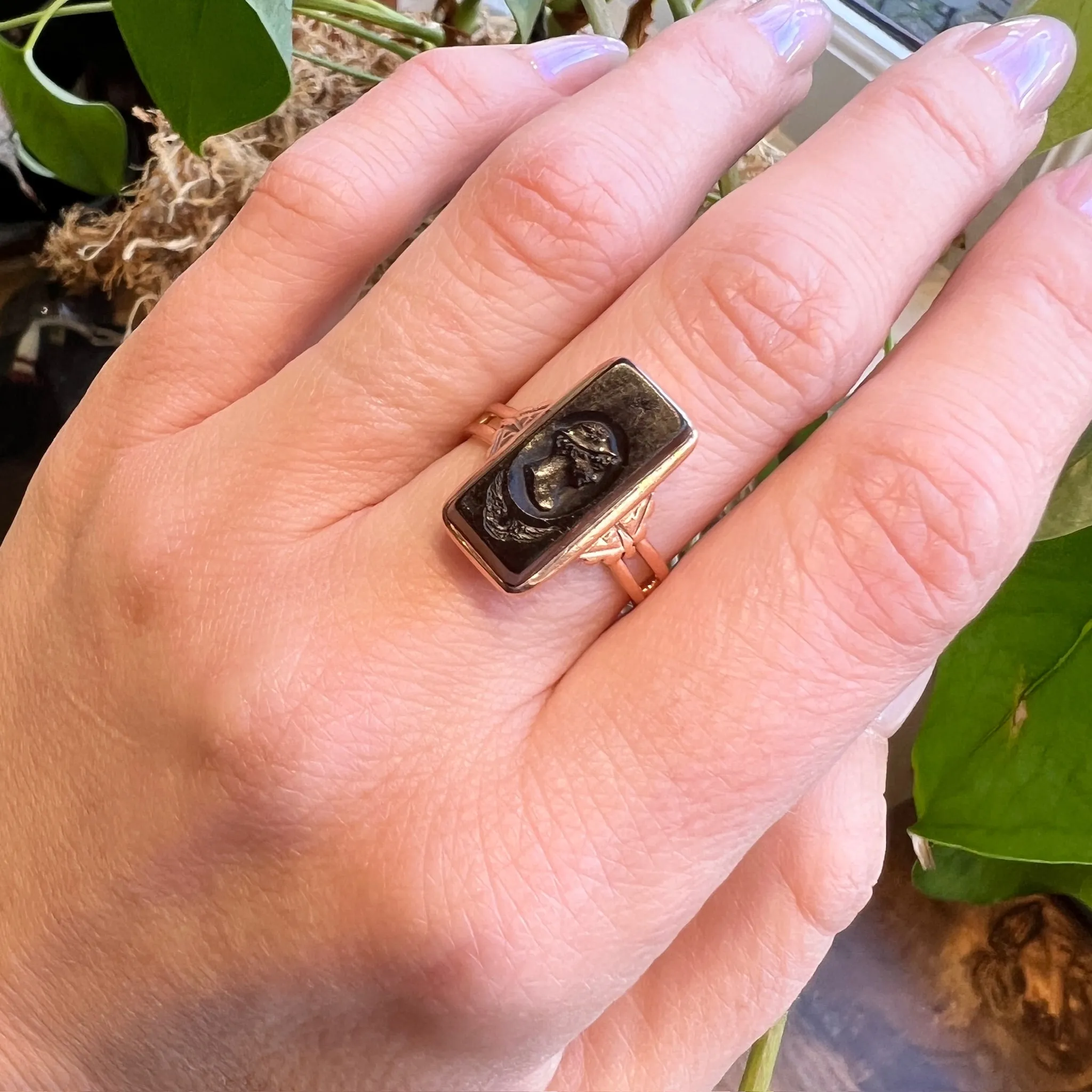 Mercury Onyx Intaglio in Rosy Gold Edwardian Ring