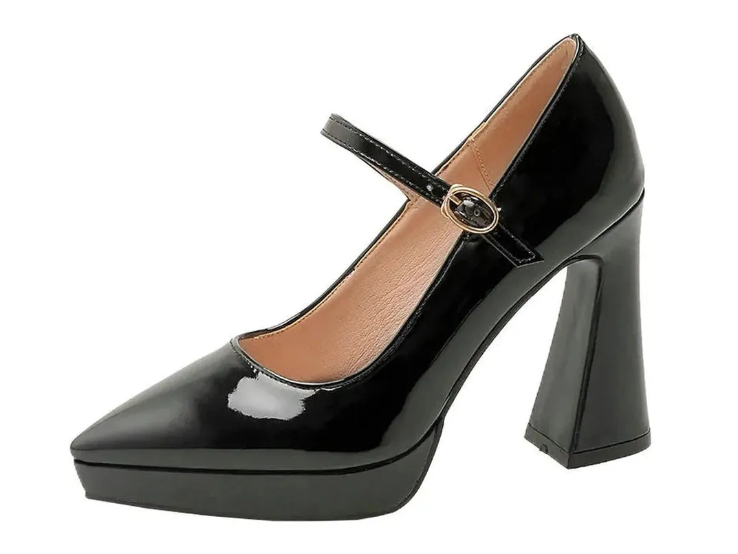 Merendy Tempo High Chunky Heeled Pointy Leather Platform Burgundy Mary jane Pumps