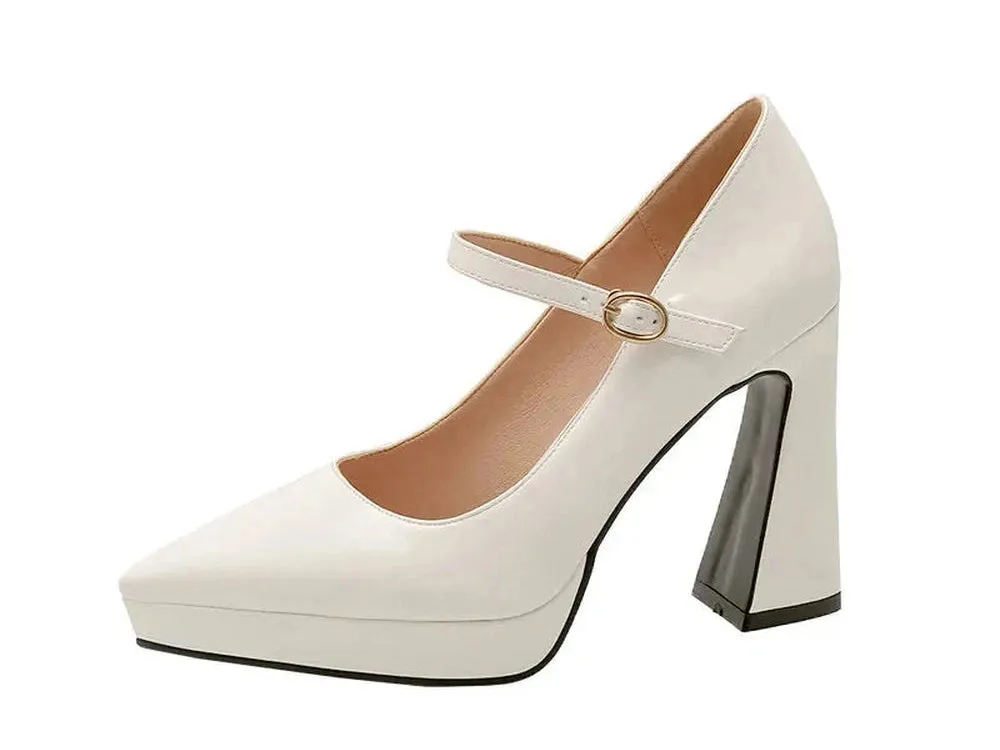 Merendy Tempo High Chunky Heeled Pointy Leather Platform Burgundy Mary jane Pumps