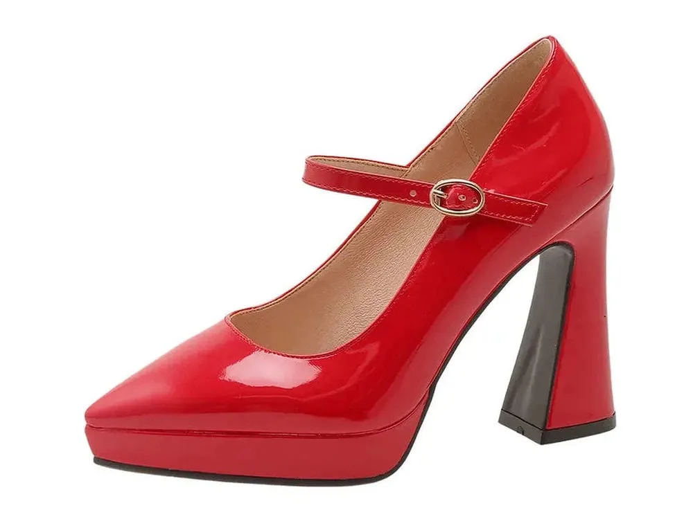 Merendy Tempo High Chunky Heeled Pointy Leather Platform Burgundy Mary jane Pumps