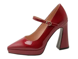 Merendy Tempo High Chunky Heeled Pointy Leather Platform Burgundy Mary jane Pumps