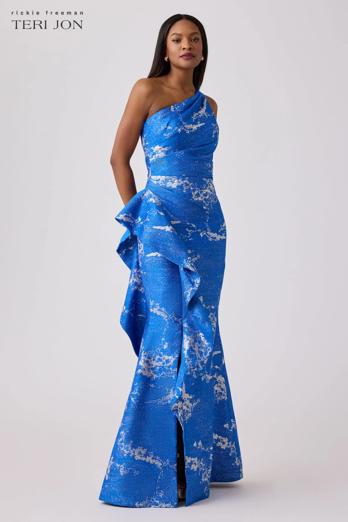 Metallic Jacquard One Shoulder Side Ruffle Gown