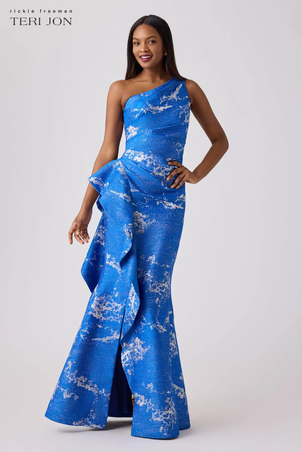 Metallic Jacquard One Shoulder Side Ruffle Gown