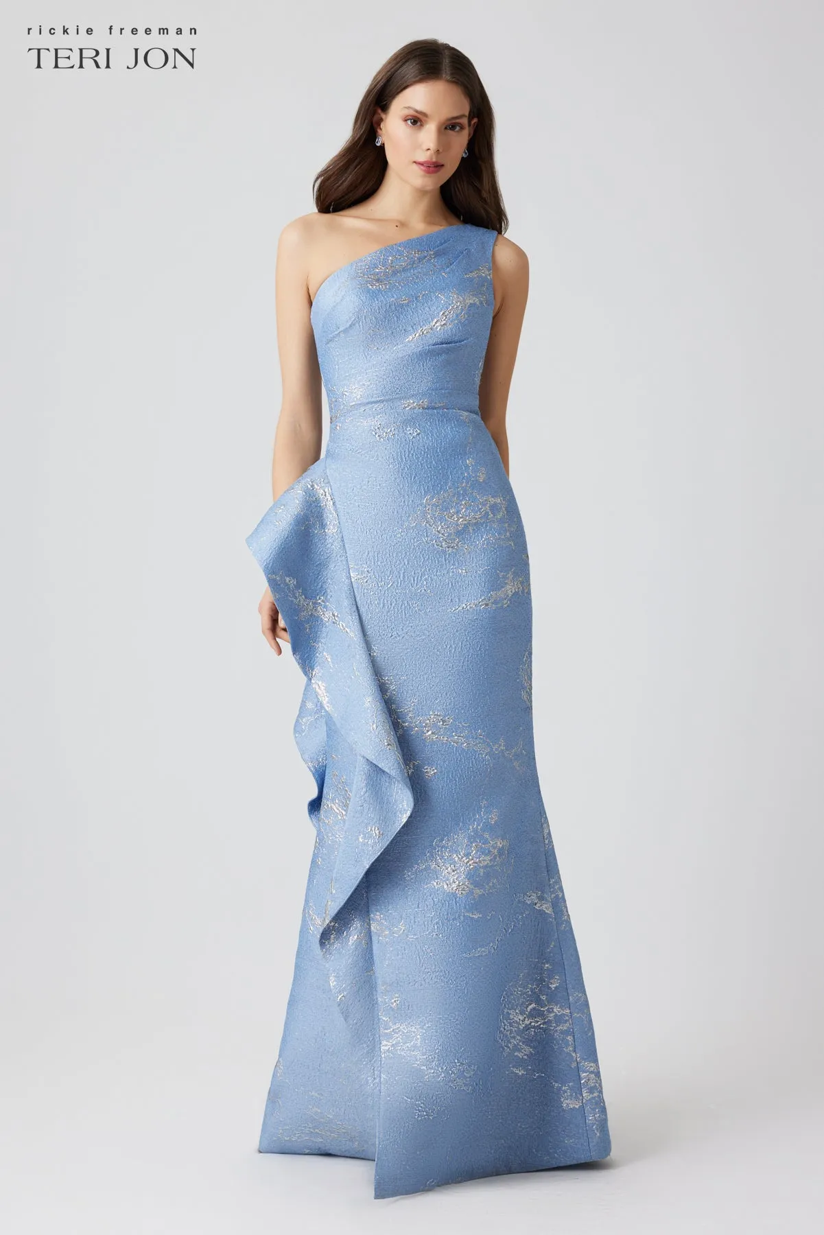 Metallic Jacquard One Shoulder Side Ruffle Gown