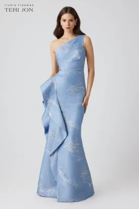 Metallic Jacquard One Shoulder Side Ruffle Gown