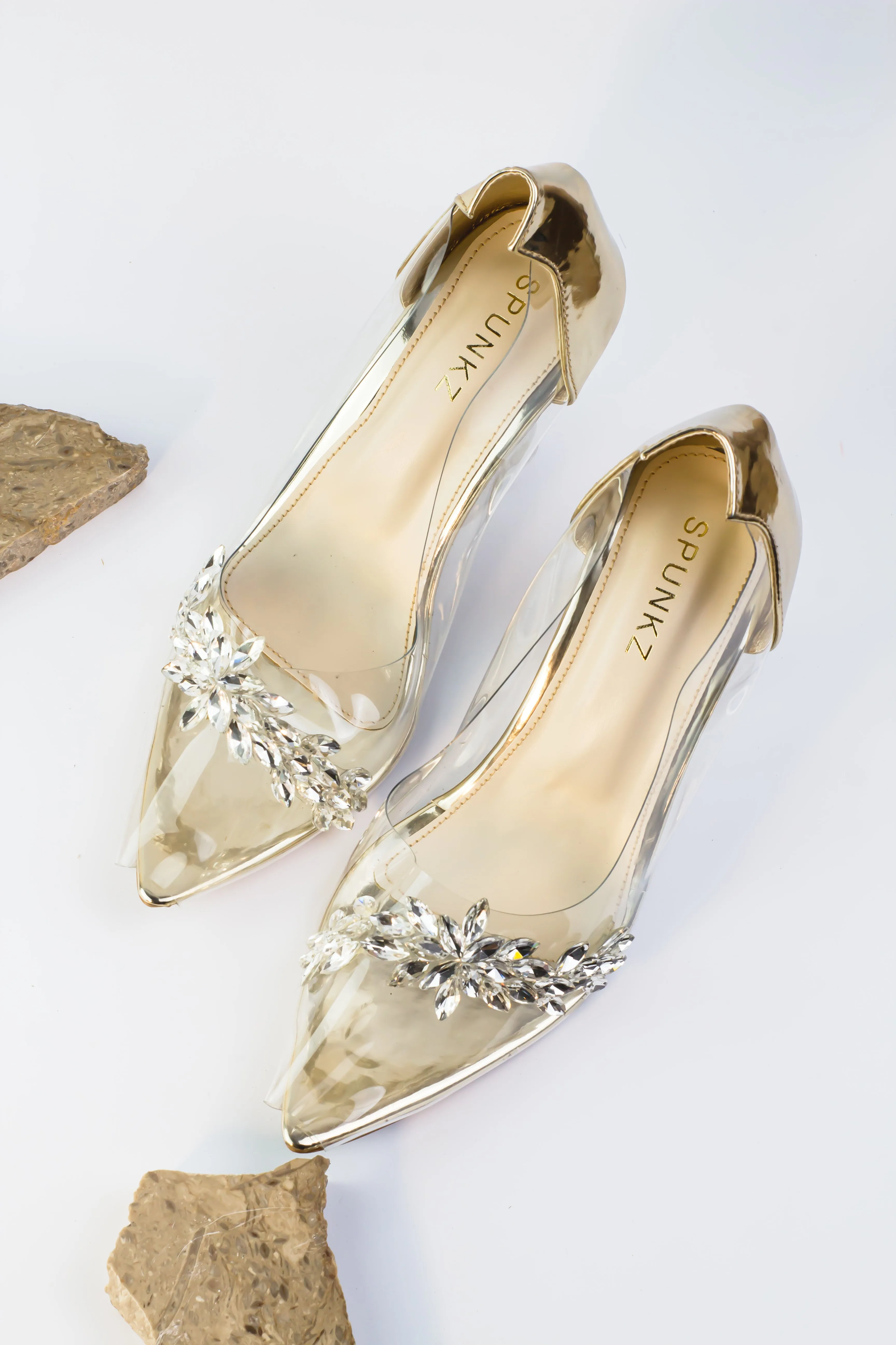 Natalie Clear Heels Golden Pump with Rhinestones
