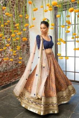 Navy Blue Blouse & Orange Tribal Print Lehenga