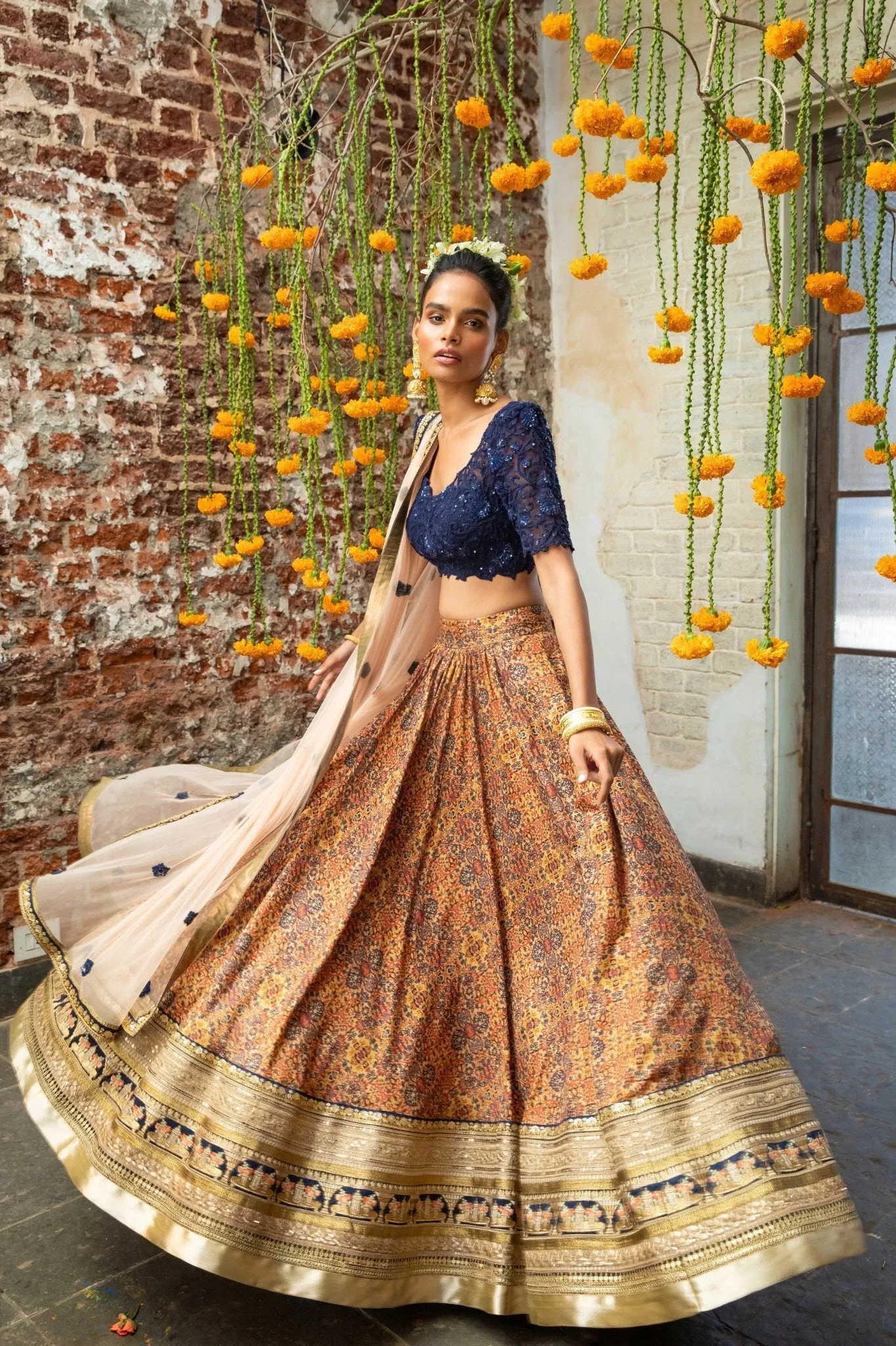 Navy Blue Blouse & Orange Tribal Print Lehenga