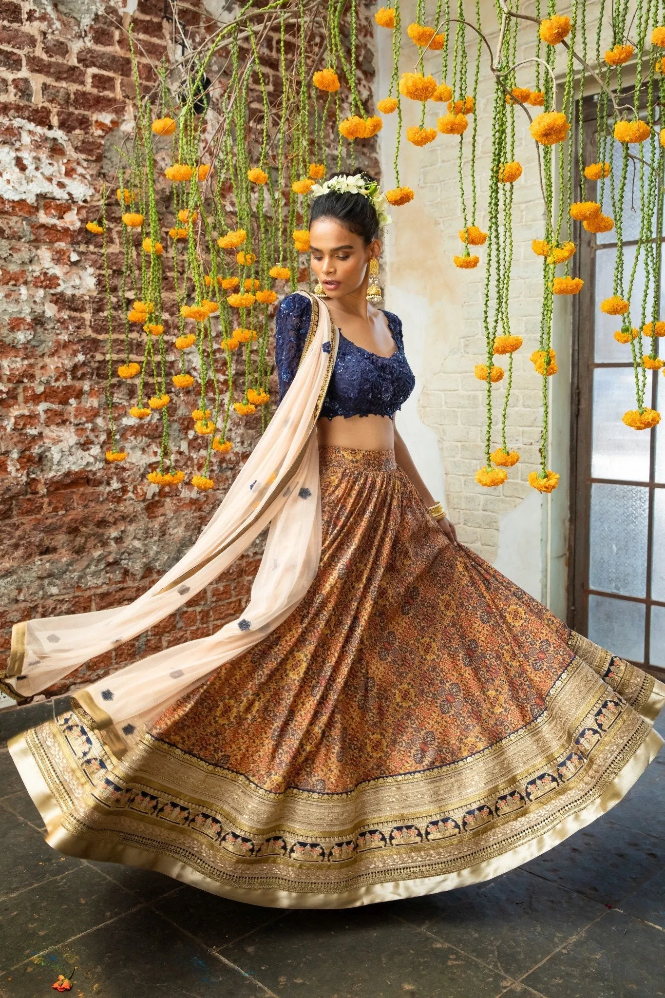 Navy Blue Blouse & Orange Tribal Print Lehenga